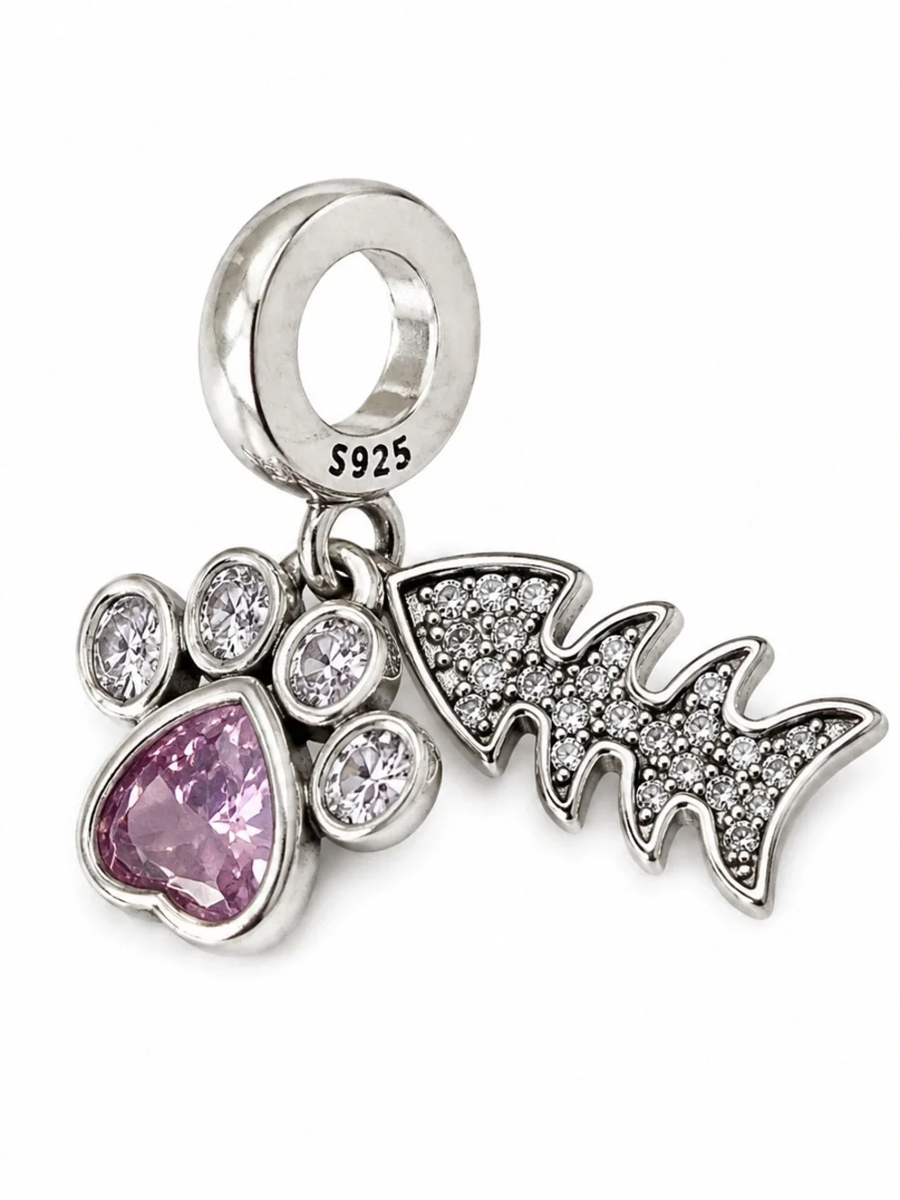 S925 Pink Paw Print & Fish Bone Dangle Charm Pendant